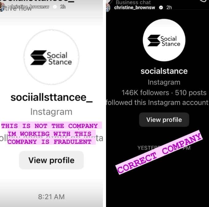 christine brown shared side-by-side fraudulent and correct accounts in her instagram story