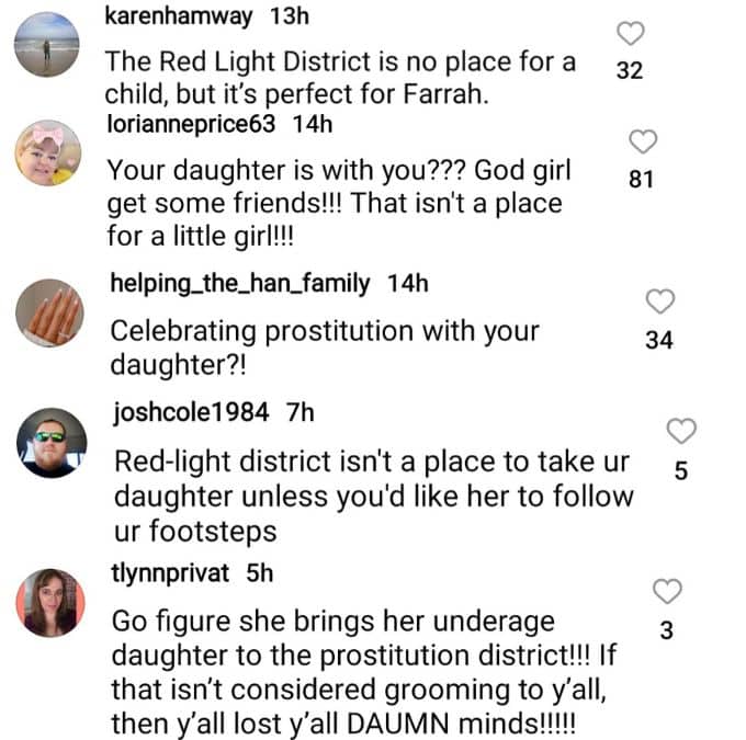 farrah abraham's critics called her out on instagram for taking sophia to the red light district