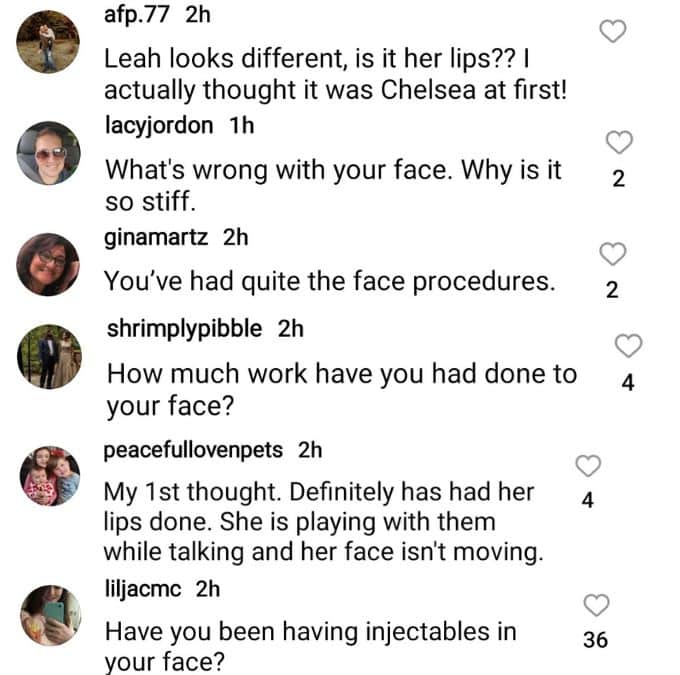 leah messer's critics comment on her instagram post about the work they think she's had done to her face