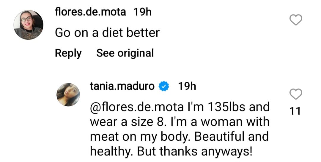 tania maduro fired back at a critic on instagram