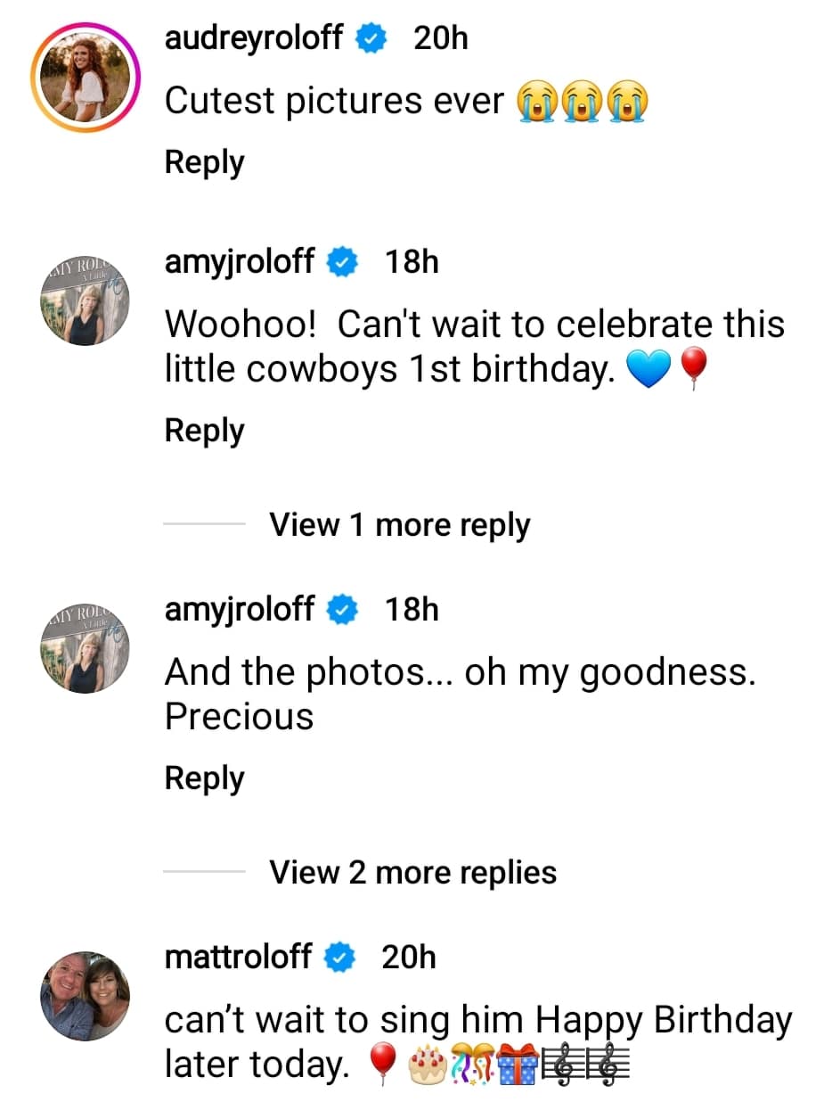 roloff family members comment on tori roloff's Instagram post for josiah's first birthday