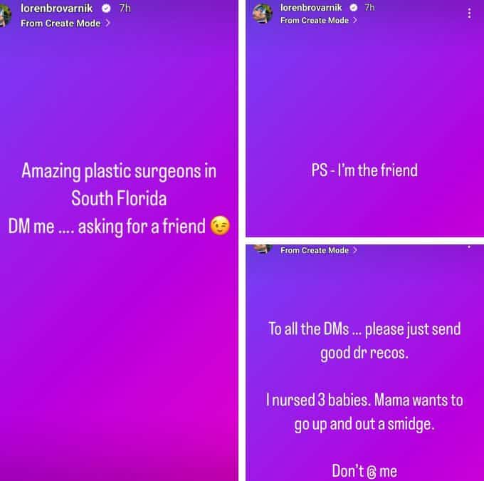 loren brovarnik asks her instagram followers for plastic surgeon recommendations