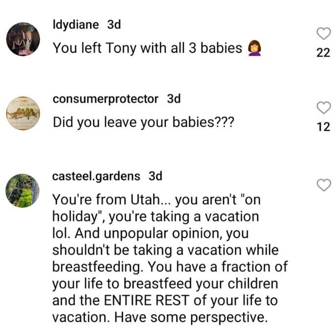 mykelti brown's instagram critics comment about her leaving her kids at home with her husband tony padron