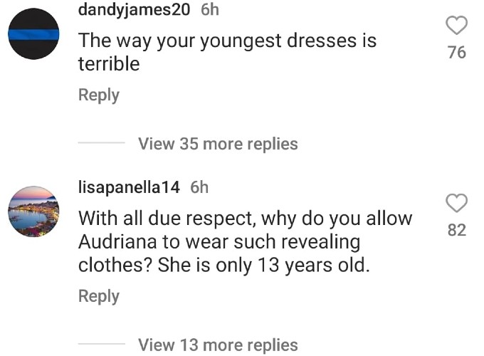 Comments about Audriana's clothing.