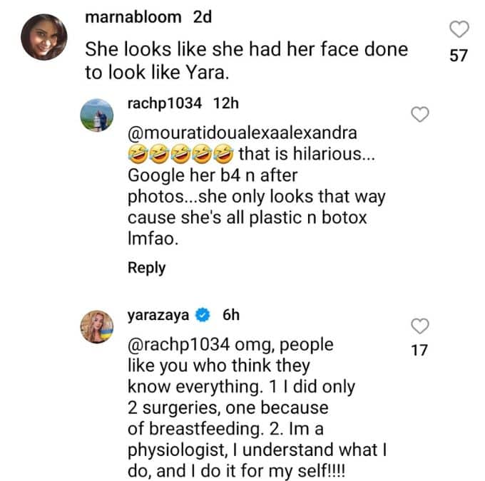 yara zaya responds to a critic on instagram