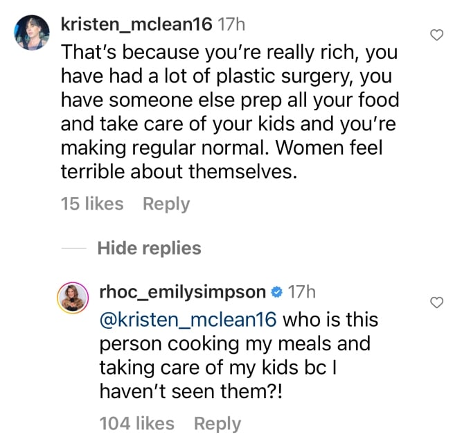 Emily Simpson responds to a Instagram comment 