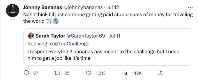 johnny bananas reacts to critic of his challenge appearances