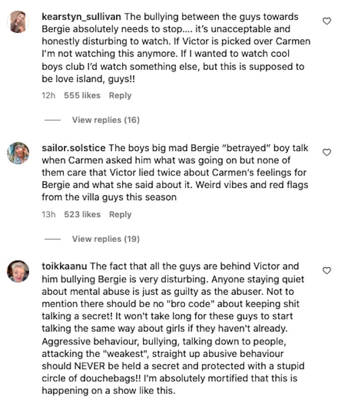 fans of love island usa comment about victor behavior