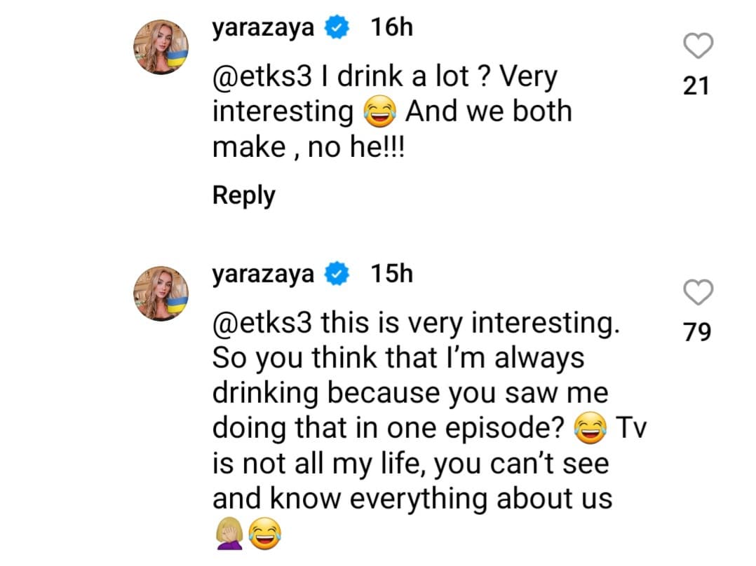 yara zaya responds to her instagram follower's comment