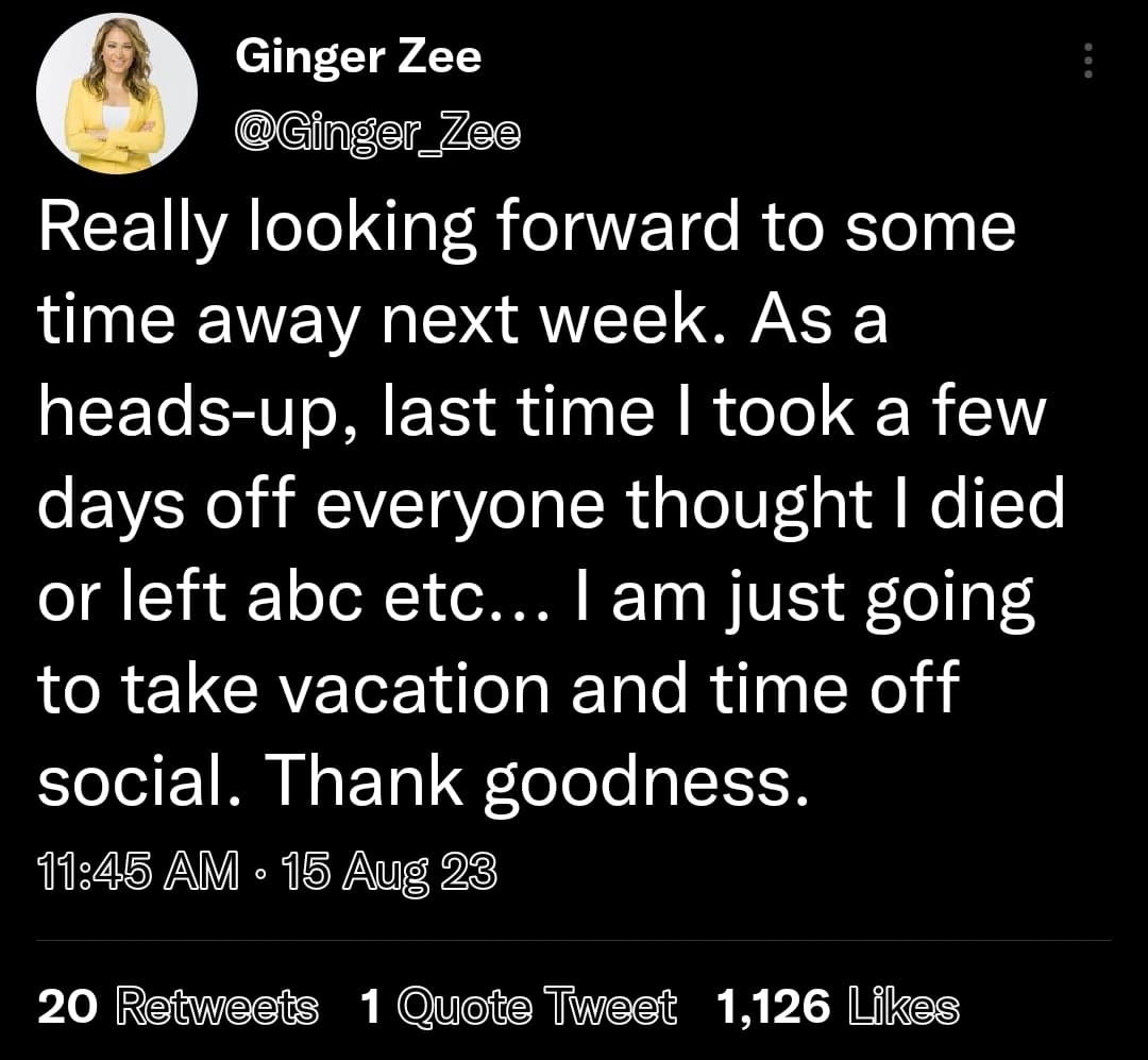 ginger zee tweets about her upcoming vacation