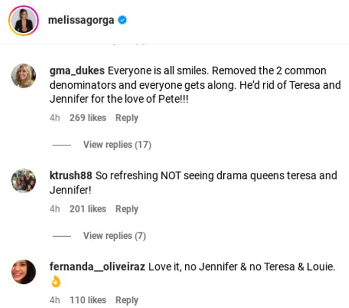 Comments about Teresa and Jennifer's absence.