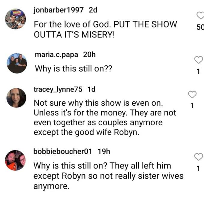 sister wives viewers question why the show is still on in the commets of tlc's post on instagram