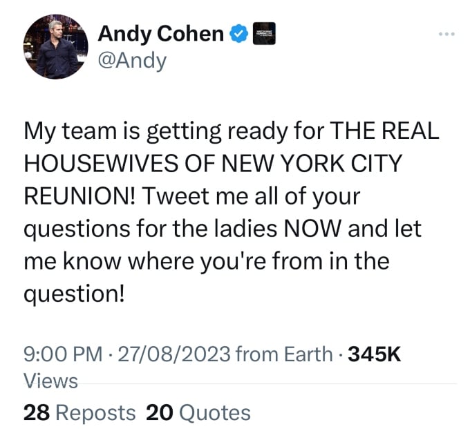 Andy Cohen shares a Tweet about RHONY