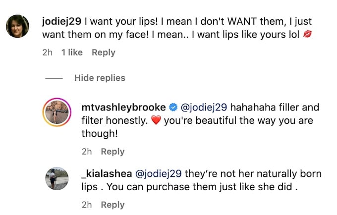 ashley mitchell responds to commenter talking about her lips