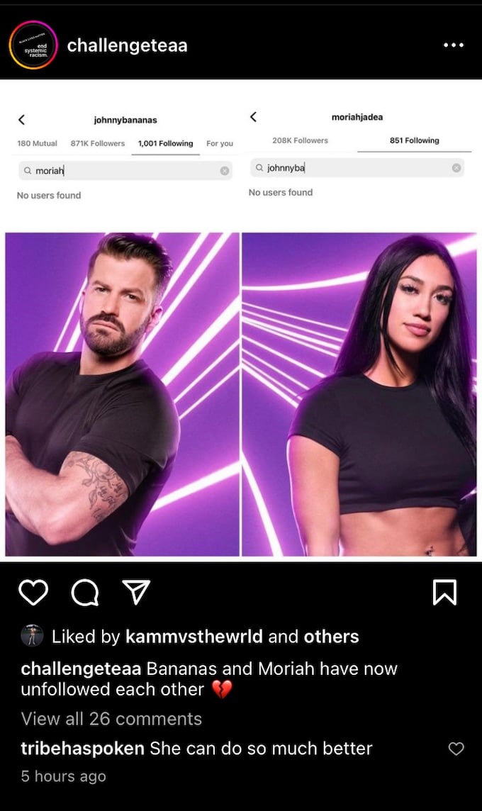 screenshot shows johnny bananas and moriah unfollowed each other