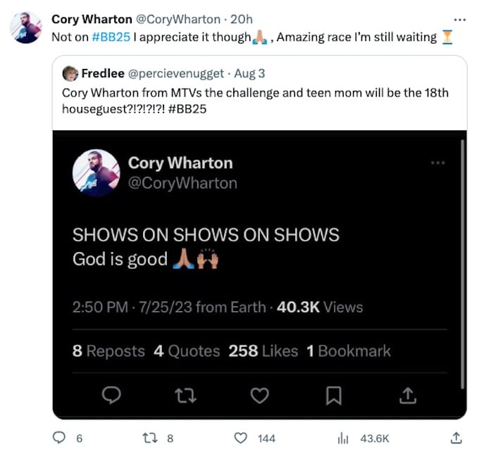 cory wharton retweets fan suggestion about bb 25