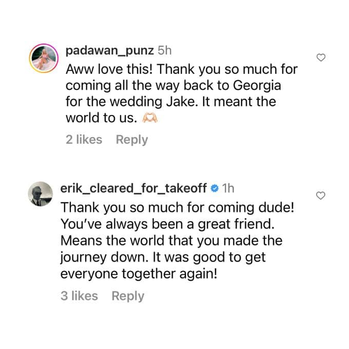 Erik Lake and his new wife Lola Lake's Instagram comments 