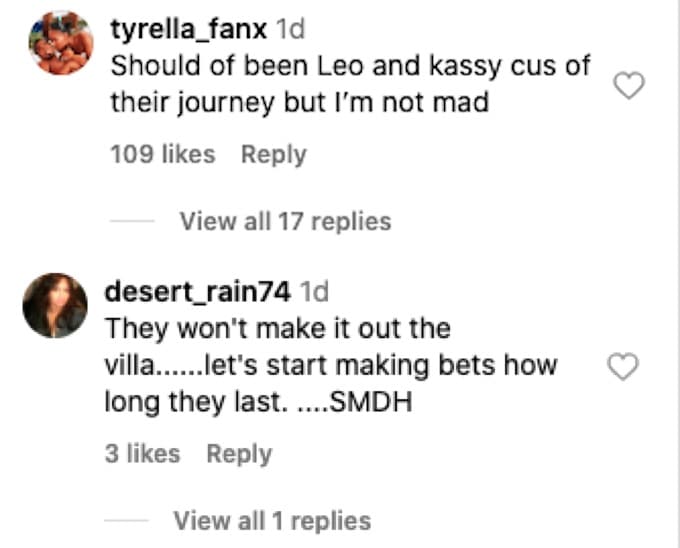 fans comment about hannah and marco winning love island usa 5