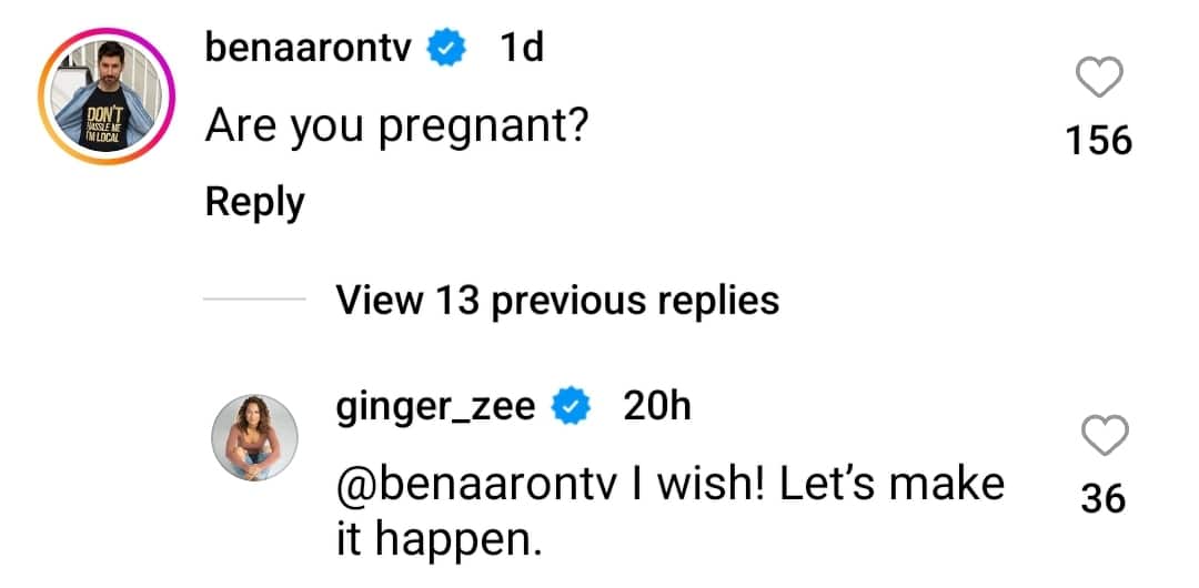 ginger zee's husband ben aaron commented about pregnancy on her instagram post