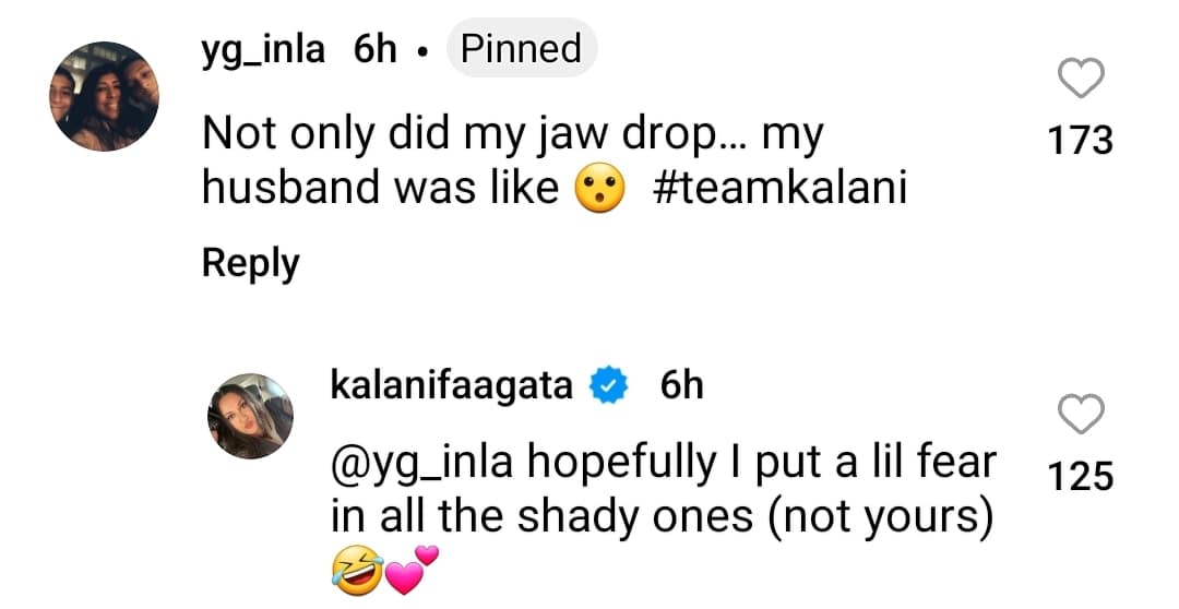 kalani faagata responds to a commenter on instagram