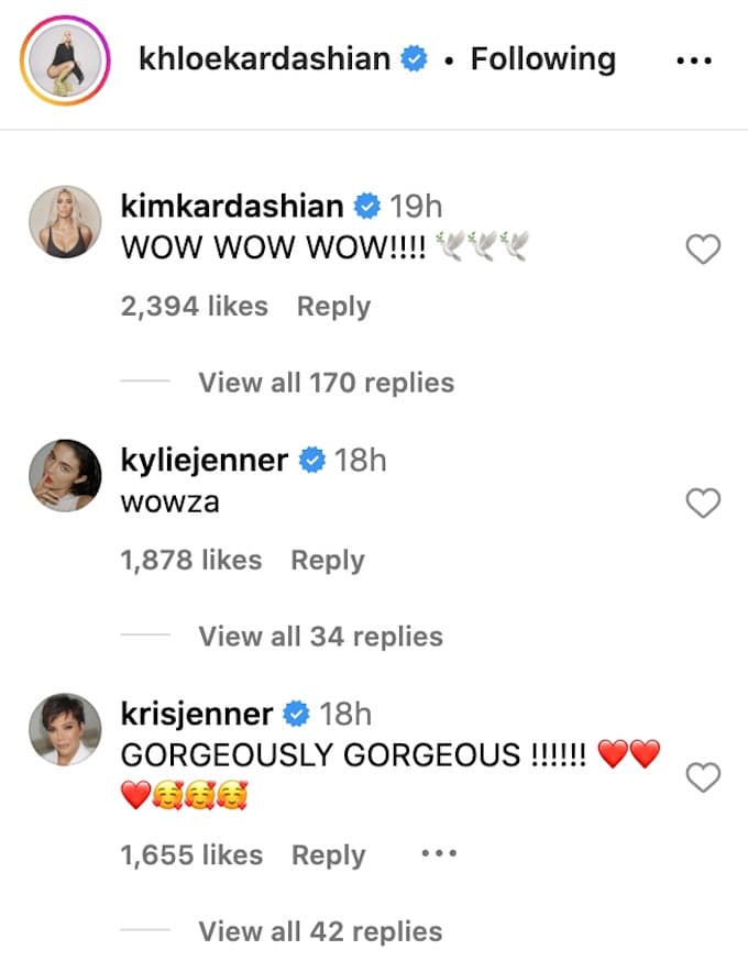 kardashians and jenners react to khloe white dress ig post