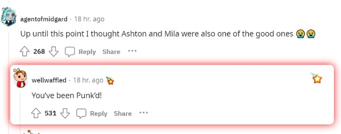 Commenter making a Punk'd reference in response to Ashton Kutcher and Mila Kunis apology