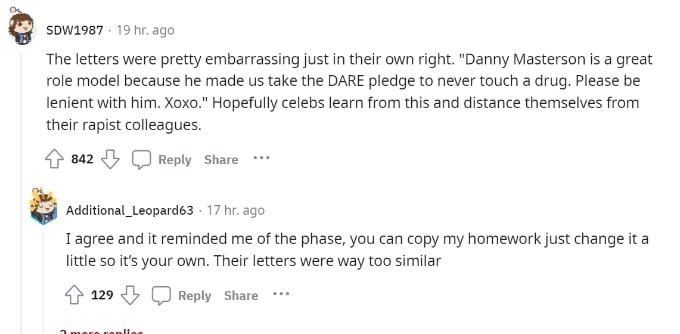 Commenters on Reddit reacting to Ashton Kutcher and Mila Kunis's Danny Masterson video