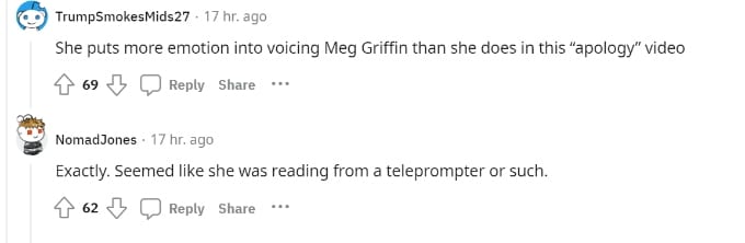 Commenters reacting on Reddit to performative Ashton Kutcher and Mila Kunis apology.
