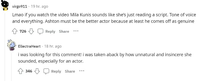 More reactions on Reddit about Mila Kunis and Ashton Kutcher video.