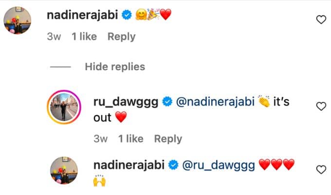 Executive producer Nadine comments on Ruan's post
