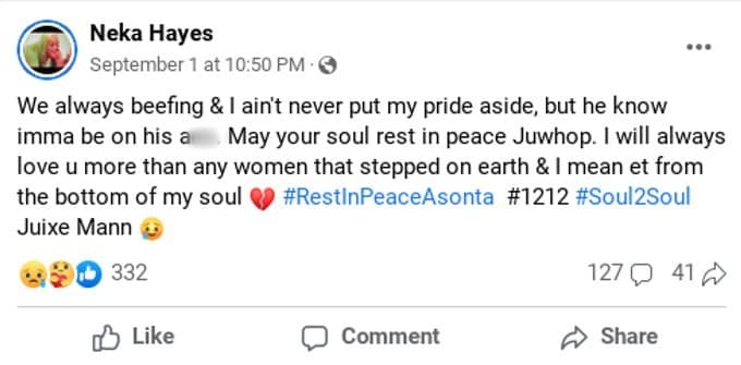 Raneka Hayes announced Asonta's passing 