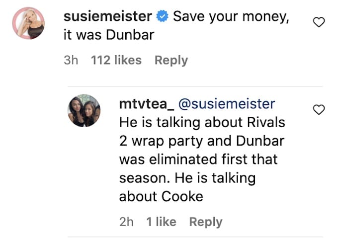 challenge fan replies to susie about cast member hookup