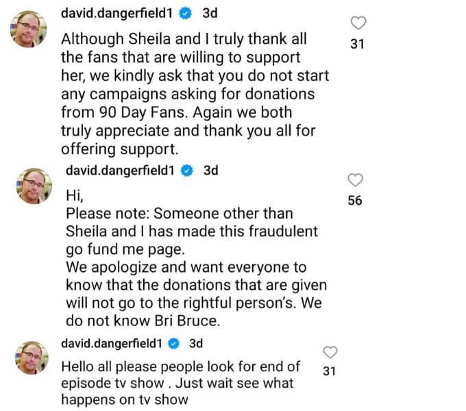 david dangerfield explains to instagram followers that the gofundme is fraudulent