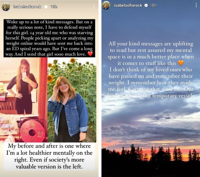 isabel roloff instagram story slides in response to fat-shamers