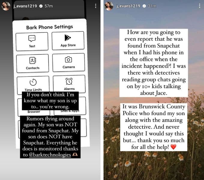 jenelle evans' instagram story regarding jace's disappearance