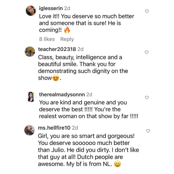 Kirsten Yenniek comments on Instagram 