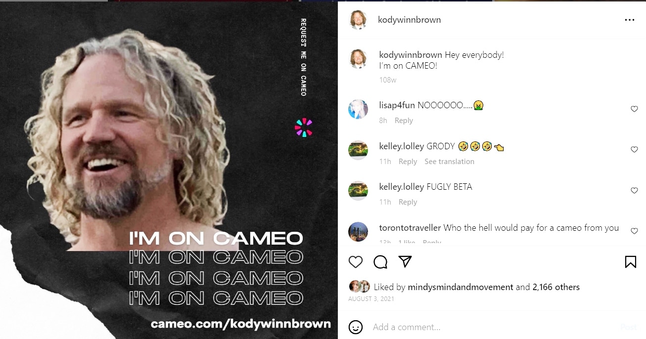 kody brown's instagram post advertising cameo