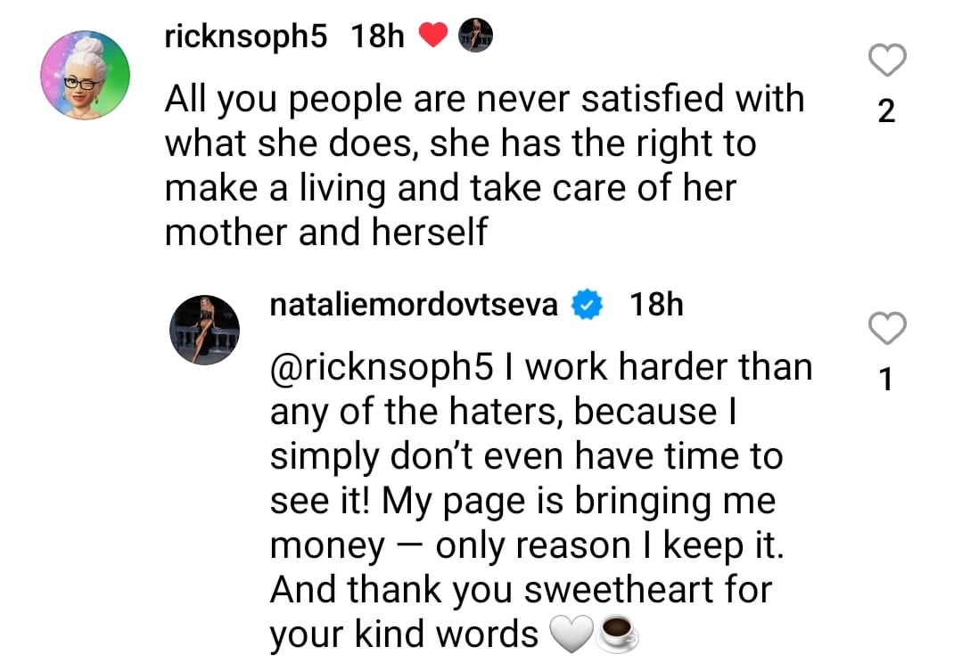 natalie mordovtseva responds to an instagram supporter