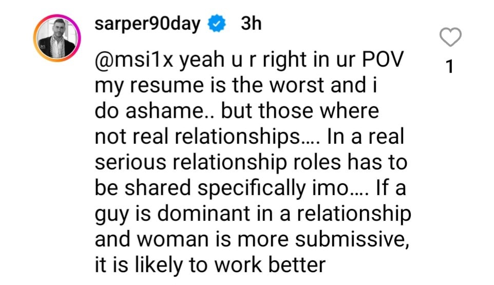 sarper guven comments about relationships on 90 day fiance's instagram post
