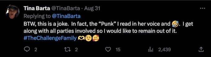 tina barta tweet about punk joke with castmate wes