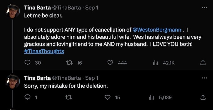 tina support tweets she doesnt support canceling wes