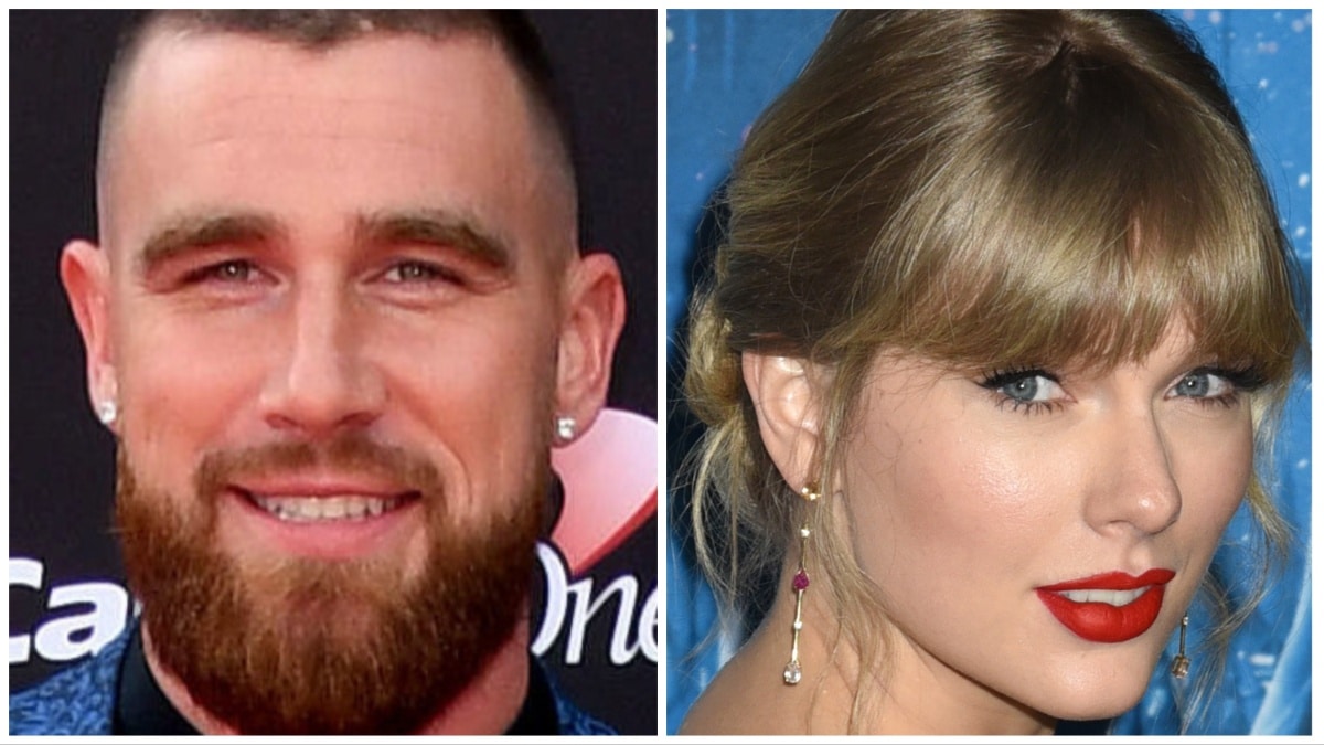 travis kelce and taylor swift head shots from kelce at 2018 ESPYS and swift at 2019 world premiere of CATS